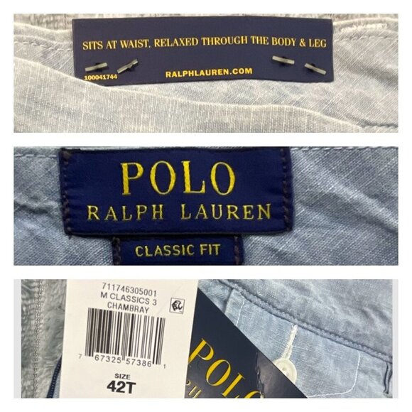 Polo Ralph Lauren Shorts Mens 42T Blue Chambray Cotton Classic Fit Striped Sides - Picture 7 of 12